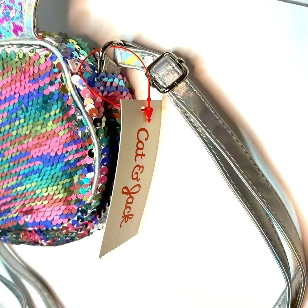 Cat & Jack Girl Easter Bunny Silver Colorful Flip Sequin Crossbody Bag Purse New